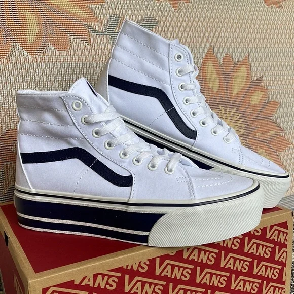Vans Men’s Sk8-Hi Tapered
Sport Stripes Navy/True White 
VN0A5JMKNWD
Platforms - Picture 4 of 16